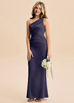 Azazie Akilah Junior Robe Fourreau en Satin extensible Plissée Bleu Orageux image5