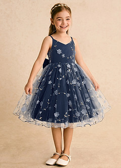 Azazie Junebug Flower Girl Dresses Dark Navy Ball-Gown Spaghetti Strap Tulle Dress image5