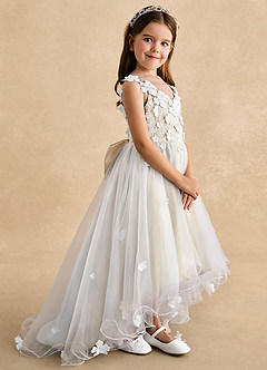 Azazie Celia Flower Girl Dresses Champagne A-Line Lace Tulle Dress image3