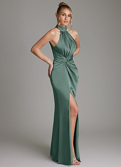 Azazie Gracelynn Bridesmaid Dresses Eucalyptus Sheath Pleated Stretch Satin Dress image7