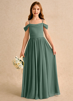 Azazie Shia Girls Formal Robe Demoiselle D'honneur Fillette Robe Trapèze en Mousseline de soie Épaule décolletée Eucalyptus image2