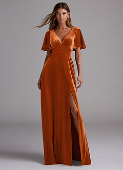 Azazie Kimber Vestidos de damas de honor Vestido de Naranja Quemada de terciopelo de Corte en A con Con bolsillos image1