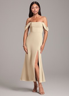 Azazie Saige Robes de demoiselle d'honneur Robe Fourreau Convertible en Mousseline de soie Épaule décolletée Champagne image1