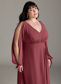 Azazie Matilda Bridesmaid Dresses Merlot A-Line Long Sleeve Chiffon Dress image15