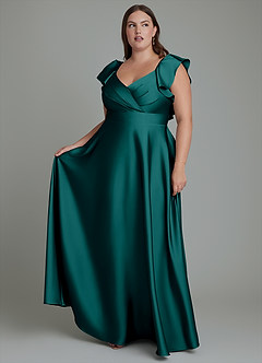 Azazie Leilani Abiti da Damigella Abito A-Line in Raso Elasticizzato Drappeggiato Verde Pavone image10