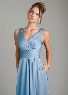 Azazie Karina Bridesmaid Dresses Powder Blue A-Line Pleated Stretch Satin Dress image7