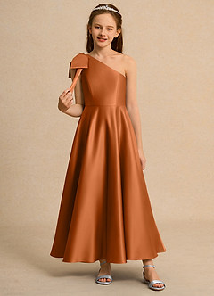 Azazie Guppy Girls Formal Flower Girl Dresses Copper A-Line One Shoulder Matte Satin Dress image3