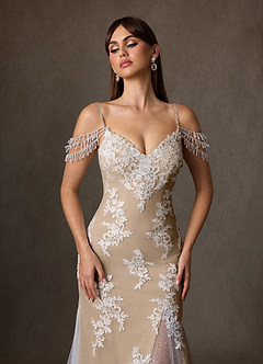 Azazie Saskia Wedding Dresses Diamond White Nude Mermaid Sequins Tulle Dress image6