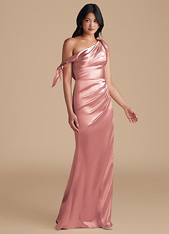 Azazie Xyla Bridesmaid Dresses Dusty Rose Sheath Off the Shoulder Metallic Satin Convertible Dress image7