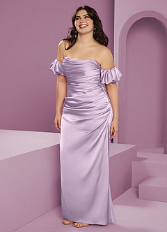 Barbie ♥ Azazie Robes de demoiselle d'honneur Robe Fourreau Convertible en Satin extensible Épaule décolletée Frostiges Flieder image14