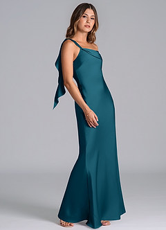 Azazie Driea Bridesmaid Dresses Ink Blue Mermaid One Shoulder Stretch Satin Dress image5