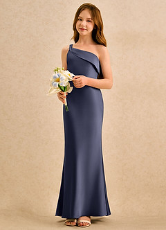 Azazie Almond Girls Formal Sukienki dla dziewczynek sypiących kwiaty Prosta Na jedno ramię Satyna elastyczna Do podłogi Sukienka image3