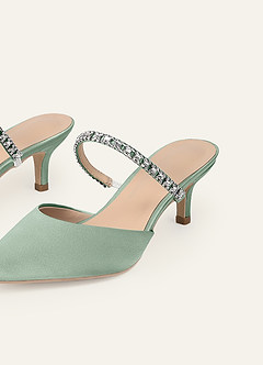 front Matching Color Stretch Satin Rhinestone Slip-on Kitten Heels