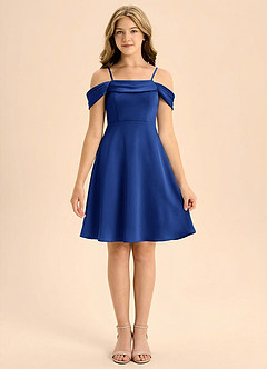 Azazie Anselie Junior Vestido de Azul Real de Satén Elástico de Corte en A con Plisado image3