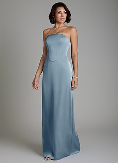 Azazie Fallyn Robes de demoiselle d'honneur Robe Fourreau en Satin extensible Corset Bleu Poussiéreux image6