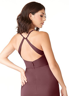 Azazie Geanna Final Sale Sangria Sheath V-Neck Pleated Stretch Satin Dress image6