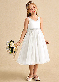 Azazie Firefly Flower Girl Dresses Ivory A-Line Bow Matte Satin Dress image2