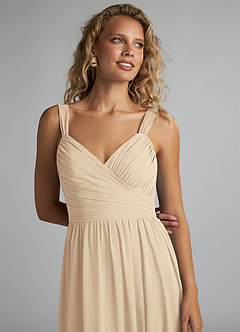Azazie Aziza Bridesmaid Dresses Champagne A-Line V-Neck Pleated Chiffon Dress image5