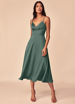 Azazie Dottie Final Sale Agave A-Line Stretch Satin Dress image3
