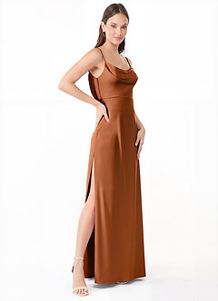 Azazie Alaija Bridesmaid Dresses Copper Mermaid Side Slit Stretch Satin Dress image3
