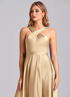 Azazie Dixie 신부 들러리 드레스 A라인 주름진 스트레치 새틴 바닥 길이 드레스 image6