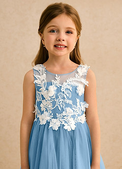 Azazie Mixie vestidos de niña de las flores Vestido de Azul Acero de Encaje de Corte Princesa image7