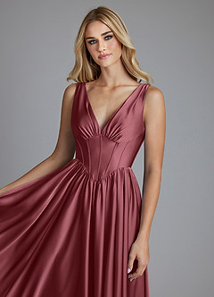 Azazie Delmie Robes de demoiselle d'honneur Robe Trapèze en Satin extensible Corset Rose Du Désert image7