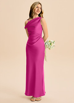 Azazie Emerson Junior Fuchsia Sheath Off the Shoulder Stretch Satin Dress image6