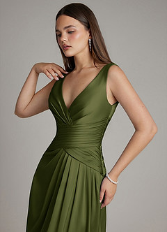 Azazie Pauline Bridesmaid Dresses Olive A-Line Pleated Stretch Satin Dress image3