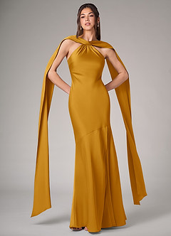 Azazie Kinsley Robes de demoiselle d'honneur Robe Sirène en Satin extensible Fente Latérale Caramel écossais image1