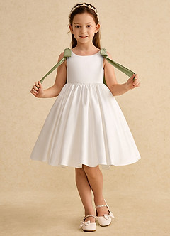 Azazie Stacie Flower Girl Dresses Ivory Moss Green A-Line Bow Matte Satin Dress image4