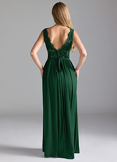Azazie Elly Bridesmaid Dresses Dark Green A-Line Lace Stretch Satin Dress image2