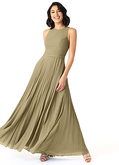 Azazie Lindie Vestidos de damas de honor Vestido de Musgo Verde de Gasa de Corte en A con Cuello en V plisado image3