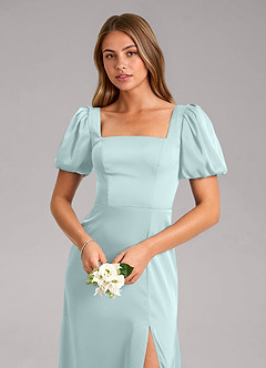 Azazie Fyona Bridesmaid Dresses Mist A-Line Pleated Stretch Satin Dress image12