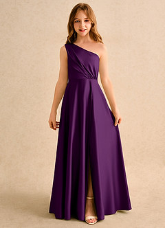 Azazie Puddles Girls Formal Flower Girl Dresses Grape A-Line One Shoulder Matte Satin Dress image4