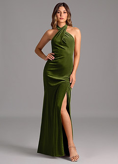 Azazie Drita Bridesmaid Dresses Olive A-Line Pleated Velvet Dress image1
