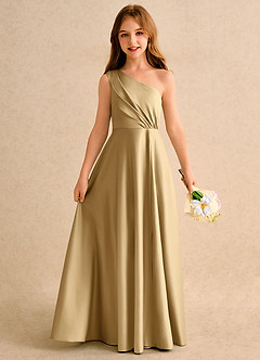 Azazie Puddles Girls Formal Blumenmädchenkleider A-Linie One-Shoulder Matte Satin Kleid Gold image1