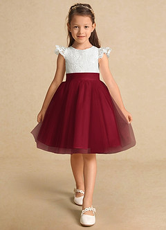 Azazie Vetty vestidos de niña de las flores Vestido de Marfil Burdeos de Tul de Corte En A con Encaje image6