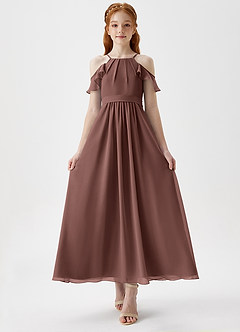 Azazie Chaya Junior Espresso A-Line Off the Shoulder Chiffon Dress image4