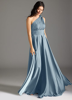 Azazie Charlize Robes de demoiselle d'honneur Robe Trapèze en Satin extensible Ue épaule Bleu Poussiéreux image11
