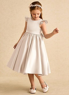 Azazie Dumpling Blumenmädchenkleider A-Linie Schleifen Matte Satin Kleid Alabaster Weiß image3