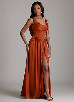 Azazie Novi Bridesmaid Dresses Burnt Orange A-Line with Pockets Stretch Satin Dress image5