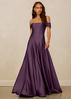 Christian Siriano Bridal for Azazie 1002 Bridesmaid Dresses Plum A-Line Off the Shoulder Stretch Satin Convertible Dress image1