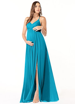 Azazie Annabelle Maternity Bridesmaid Dresses A-Line V-Neck Pleated Mesh Floor-Length Dress image1
