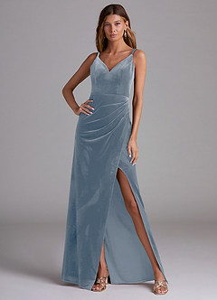 Azazie Leo Bridesmaid Dresses Dusty Blue Sheath Pleated Velvet Dress image3