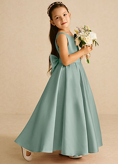 Azazie Pipsy Flower Girl Dresses Silver Sage A-Line Bow Matte Satin Dress image3