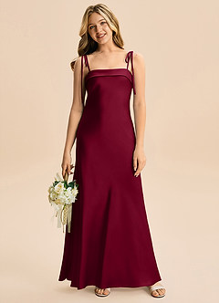 Azazie Willa Junior Burgundy A-Line Bow Stretch Satin Dress image4