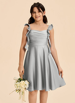 Azazie Kira Junior Vestido de Plata de Satén Elástico de Corte en A con Volante image7