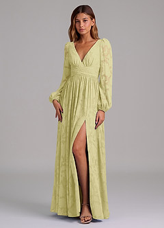 Azazie Norah Jurken voor bruidsmeisjes Jurk van Bloemen Burn-out met A-Lijn Lange mouw Citroensorbet image5