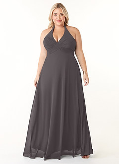 Azazie Tessie Robes de demoiselle d'honneur Robe Trapèze en Mousseline de soie Col V plissé Gris Acier image6